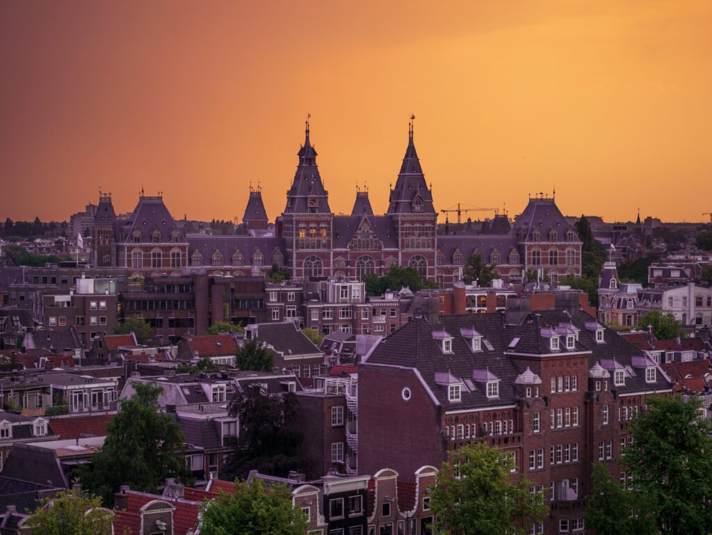 Amsterdam orange sky during sunset. 